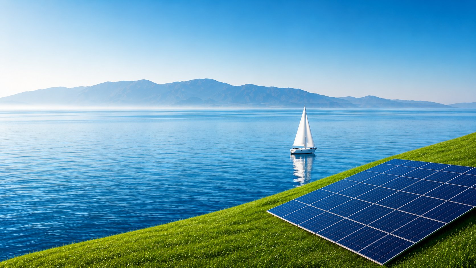 太陽光パネルと穏やかな海に浮かぶ帆船